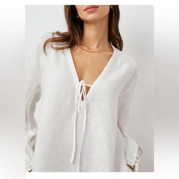 RAILS Myra Tie Neck Linen Top In White Size M-L - Picture 2 of 10
